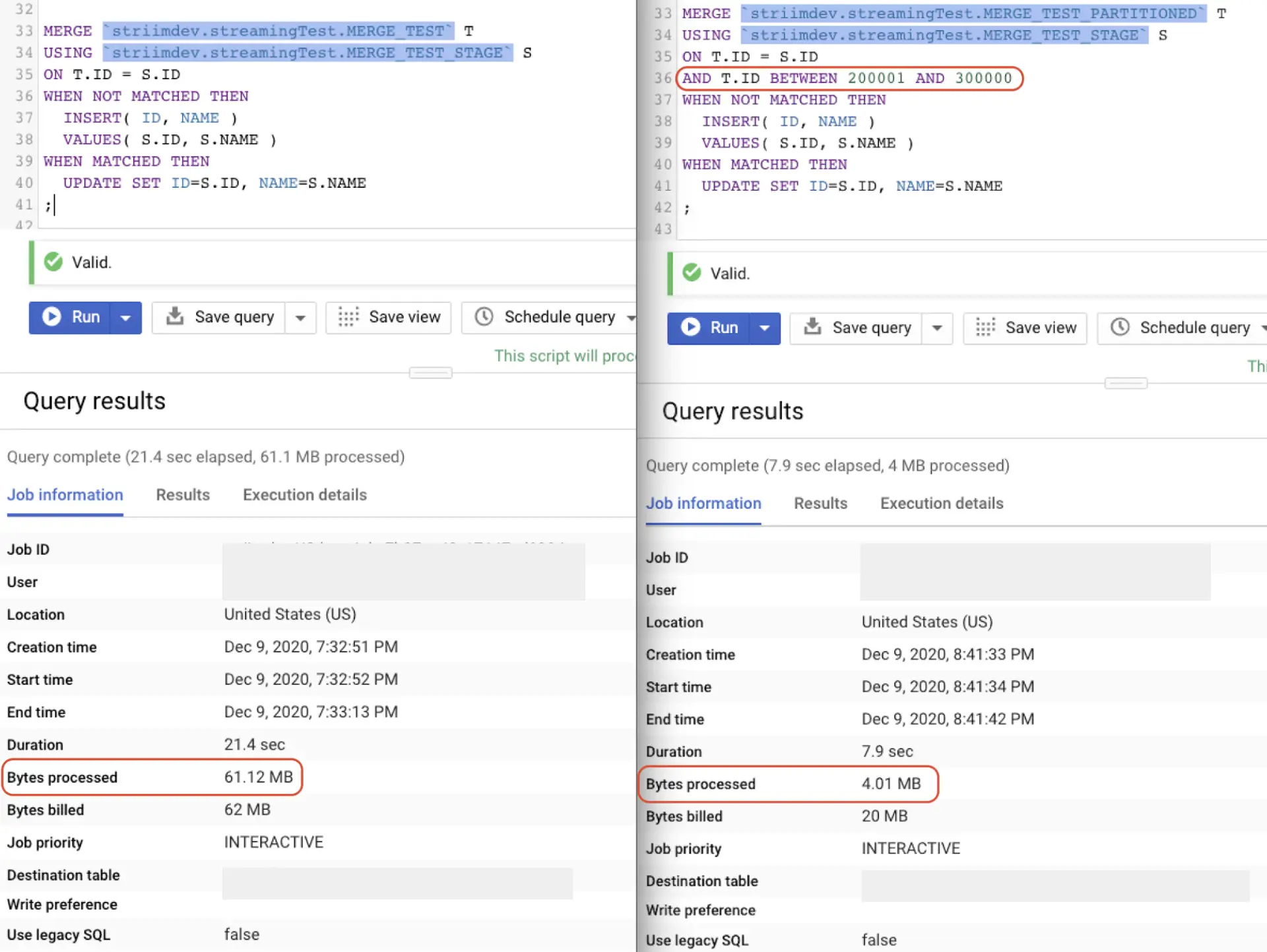 How partitioning a table in BigQuery reduces query costs and time