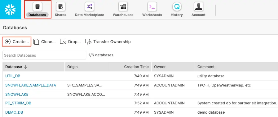 Create Snowflake database