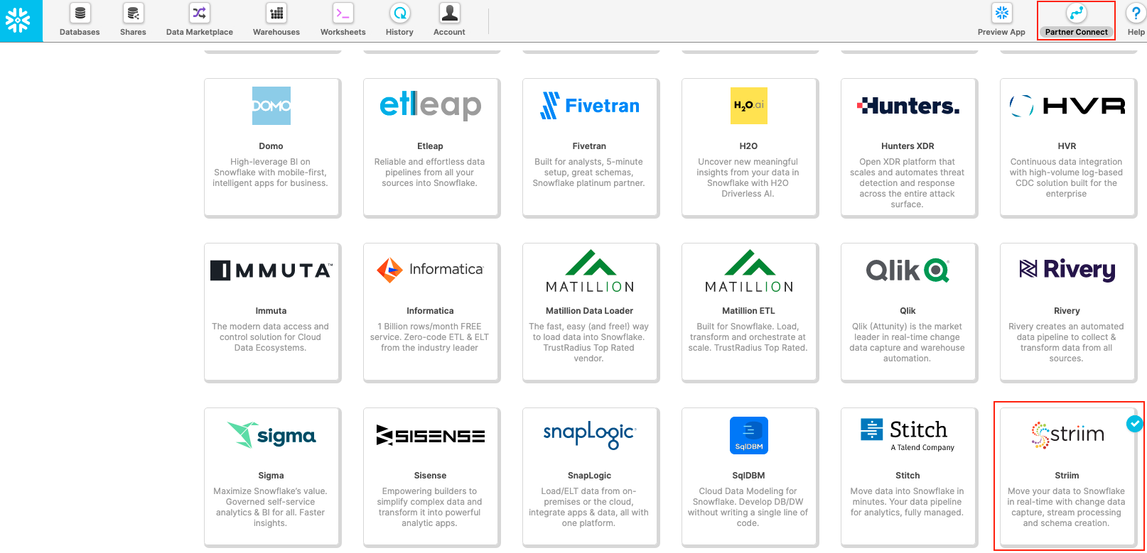 Locate Striim Partner Connect