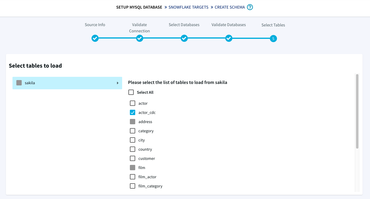 Select tables to migrate