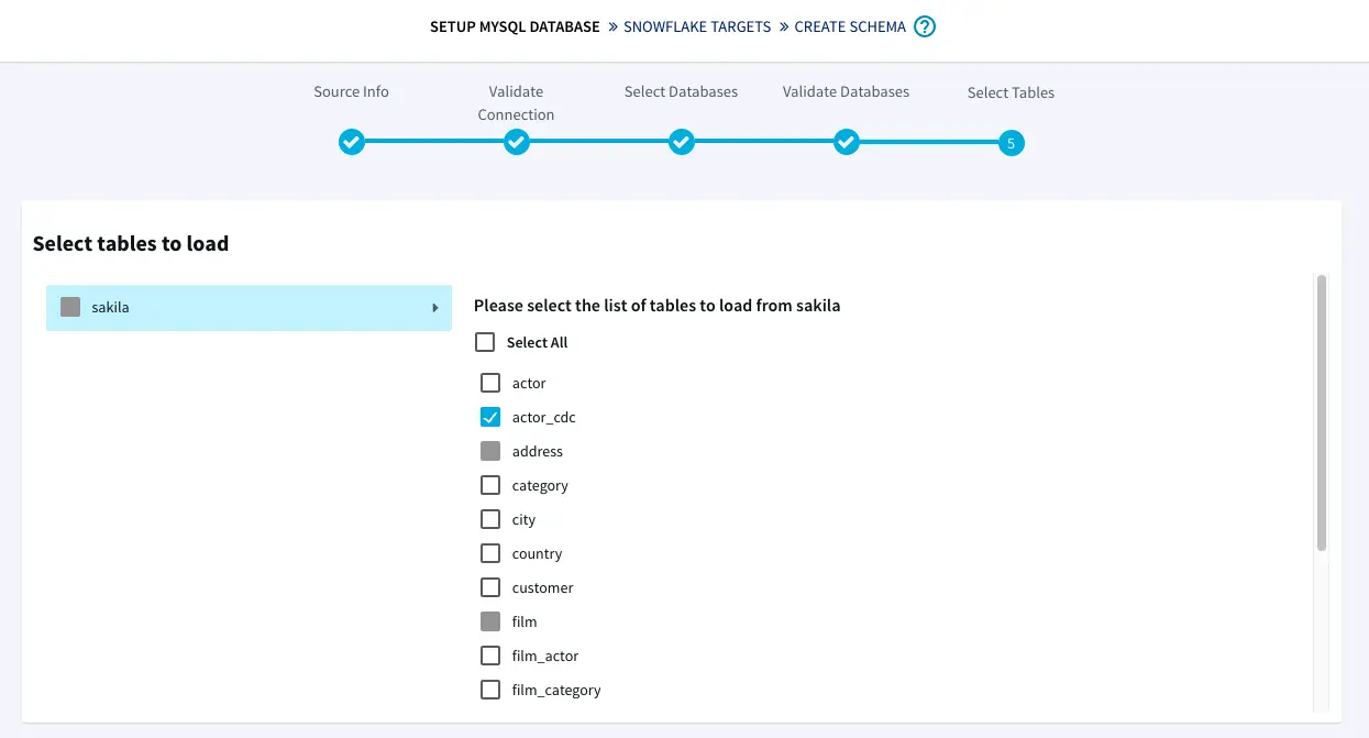 Select tables to migrate