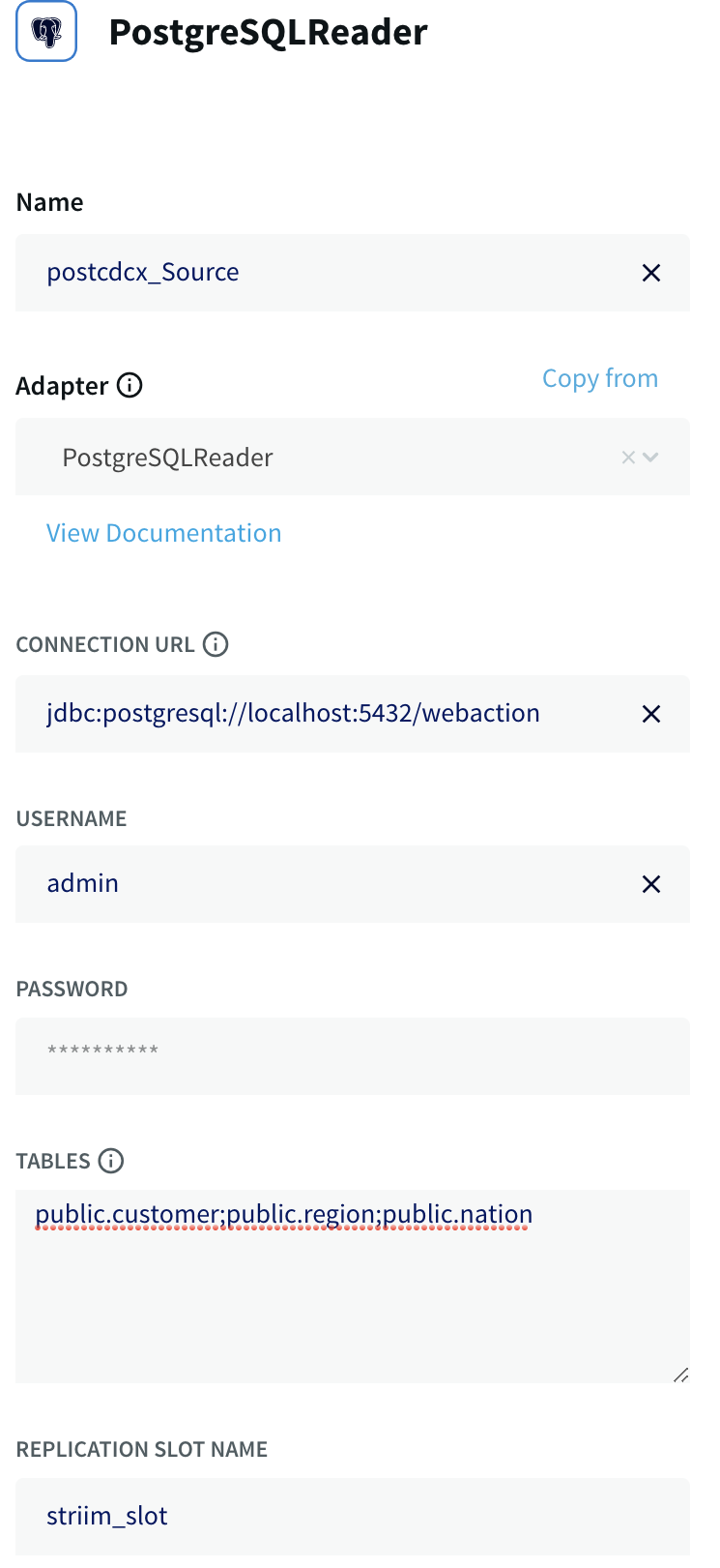 configure postgresql reader source