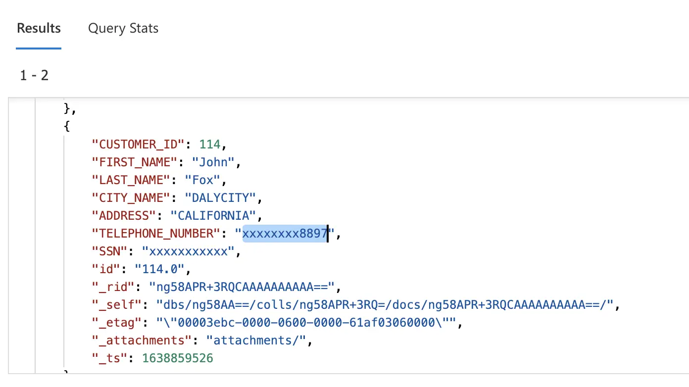 Target Cosmos DB Data explorer output