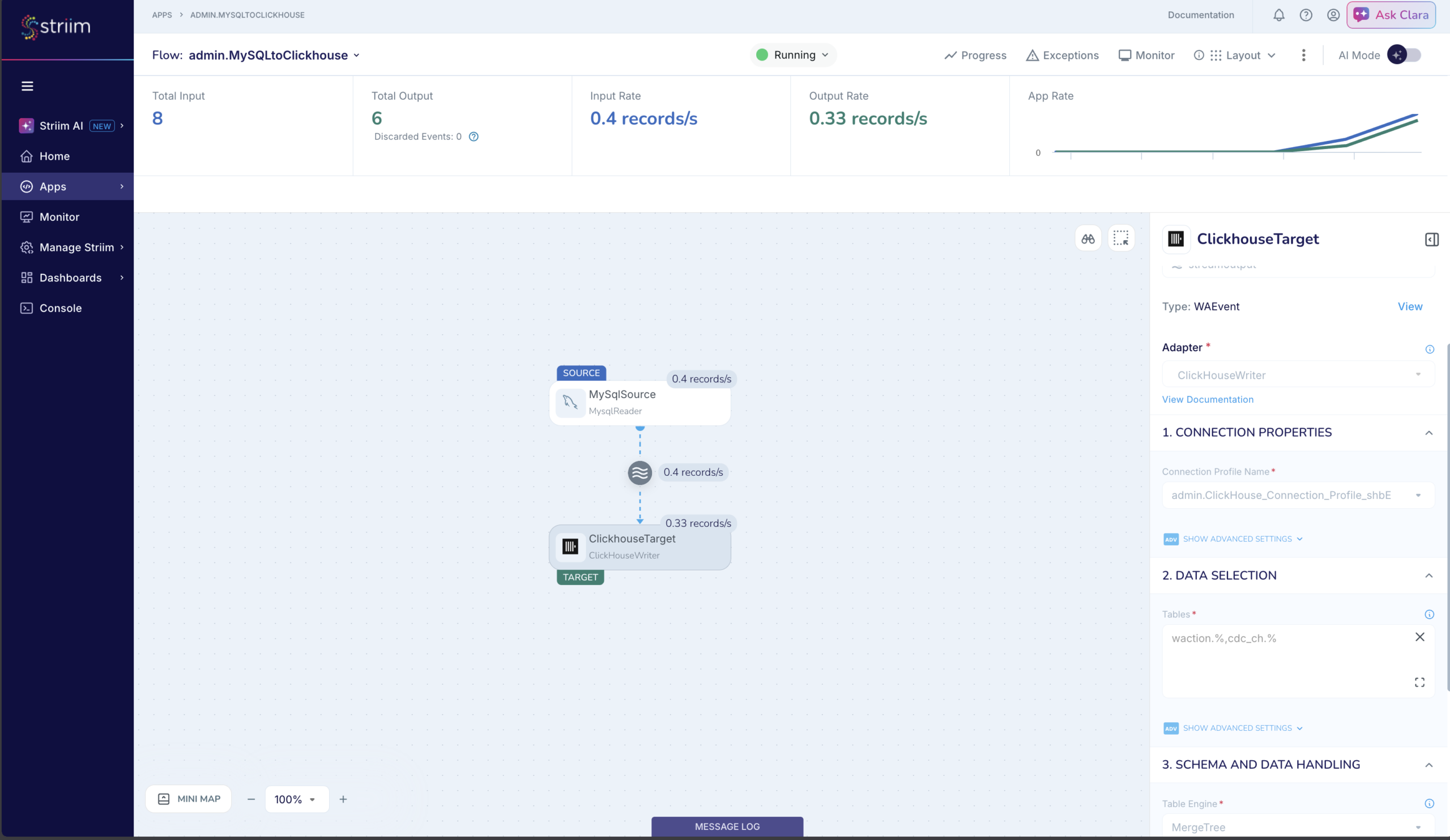 Striim web UI showing ClickHouse pipeline monitoring and throughput information.